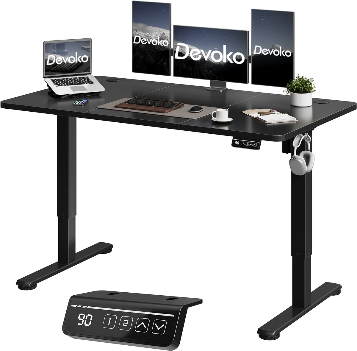 Devoko Elektrisch Zit-sta Bureau 140x60 cm – Stille Motor met Geheugenfunctie – 4 Knoppen Handbediening – Zwart
