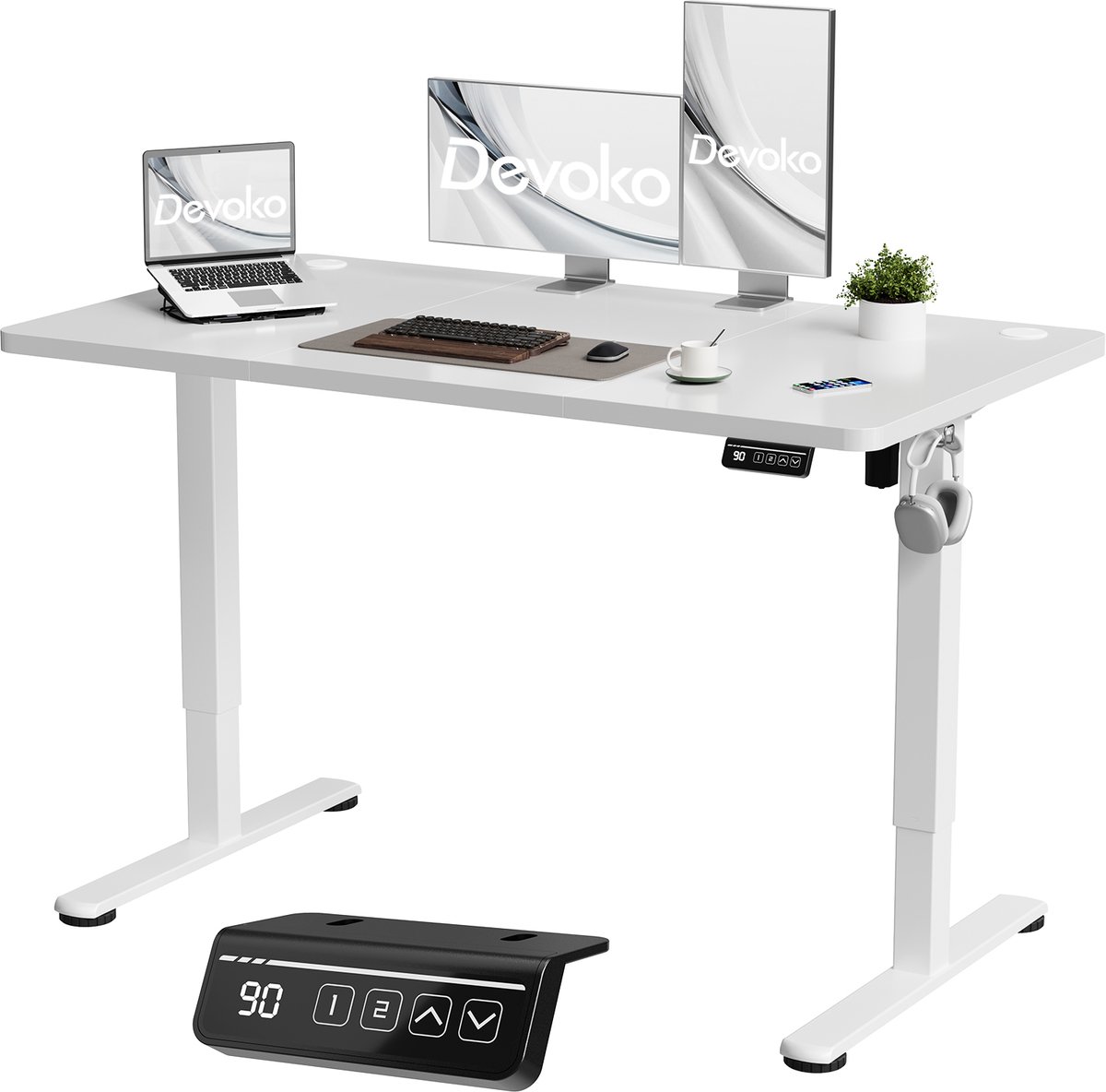 Devoko Elektrisch Verstelbaar Bureau 120x60 cm – Stille Motor met Geheugenfunctie – 4 Knoppen Handbediening – Compact Bureau – Wit