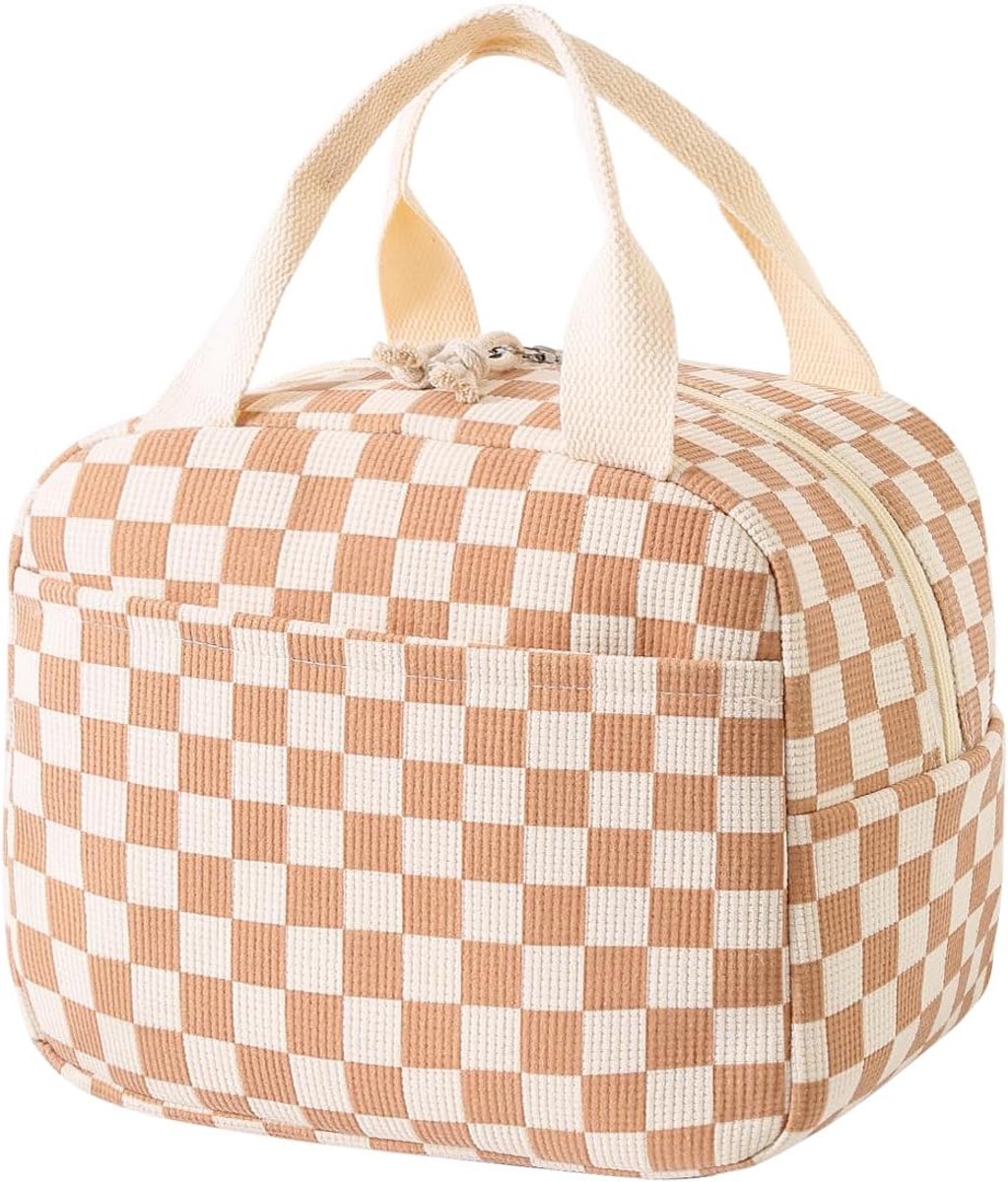 Corduroy lunchtas - schattige handtas voor lunch - herbruikbare geïsoleerde lunchtrommel - grote capaciteit herbruikbare koel-/warmhoudbox - geschikt voor werk/picknick/reizen (corduroy ruit bruin)