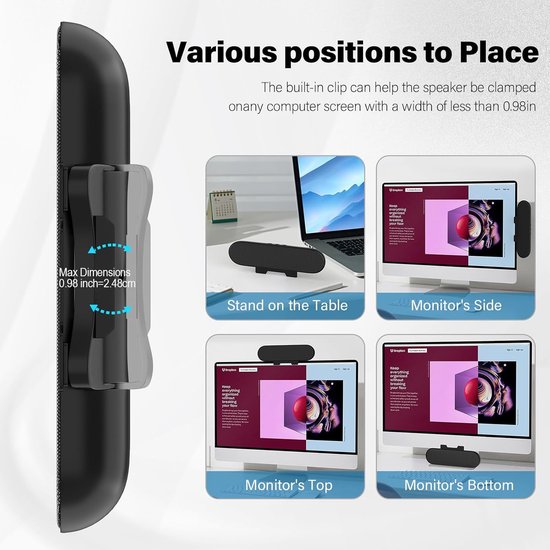 PC Luidspreker - Computer Speaker Soundbar - Desktop Audio - Clip-on Design - Mini Formaat - Zwart — afbeelding 4