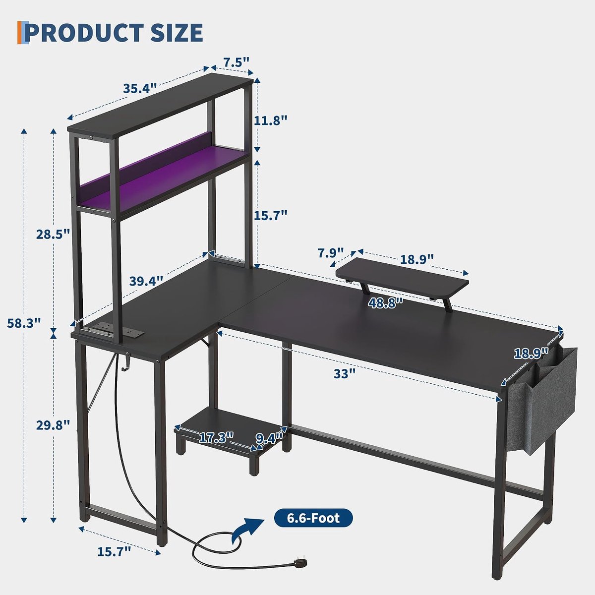 L-Vormig Game Bureau met LED Verlichting - Hoekbureau met Ingebouwd Stopcontact & USB - Computerbureau met Monitorverhoger, Lade en Opbergtas - 124x100x148 cm - Zwart thumbnail 2
