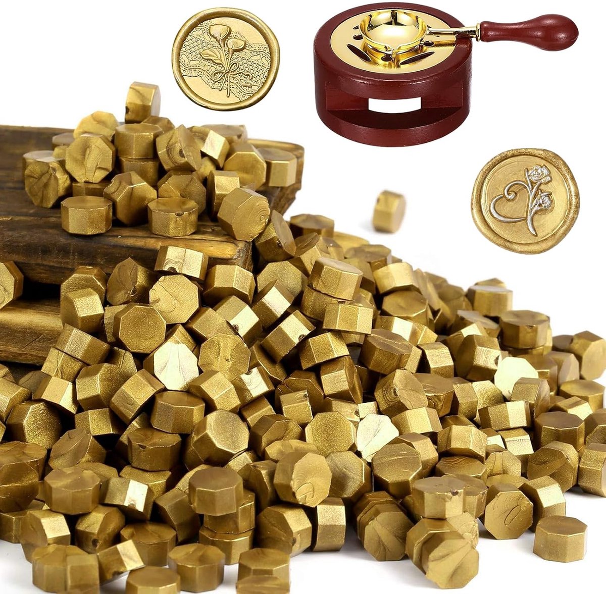 200 stuks zegelwasparels, zegelwas, goud, metallic, achthoekige waszegelset voor stempels, met waszegel, oven en lepel voor uitnodigingen, wenskaarten, enveloppen