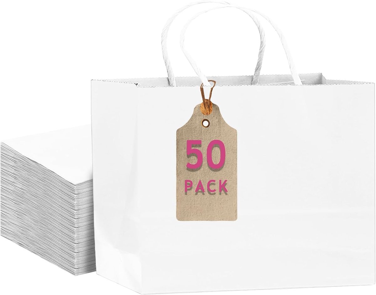 50 stuks witte papieren cadeauzakjes met hengsels - 30 x 10 x 25 cm - feestgeschenkzakjes voor vele toepassingen