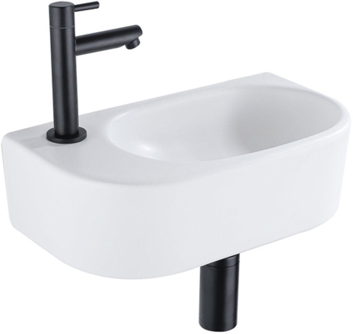 Fugaflow Efficiente Pietra Fonteinset - 40x21.5x12cm - links - glad - halfrond - 1 kraangat - keramiek - fonteinkraan zwart mat - afvoerplug - verlaagd sifon - wit glans