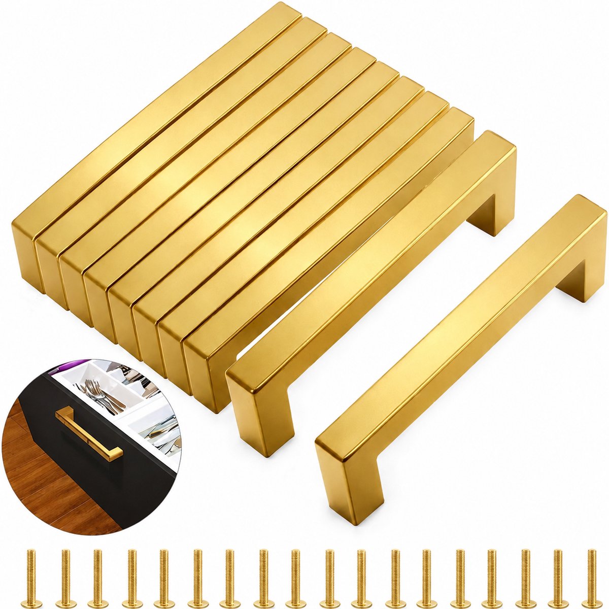 BOTC Handgrepen RVS - Handgreep - Set van 10 stuks - 128 mm - Met 20 schroeven - RVS - Morden Square meubelgrepen - Goud