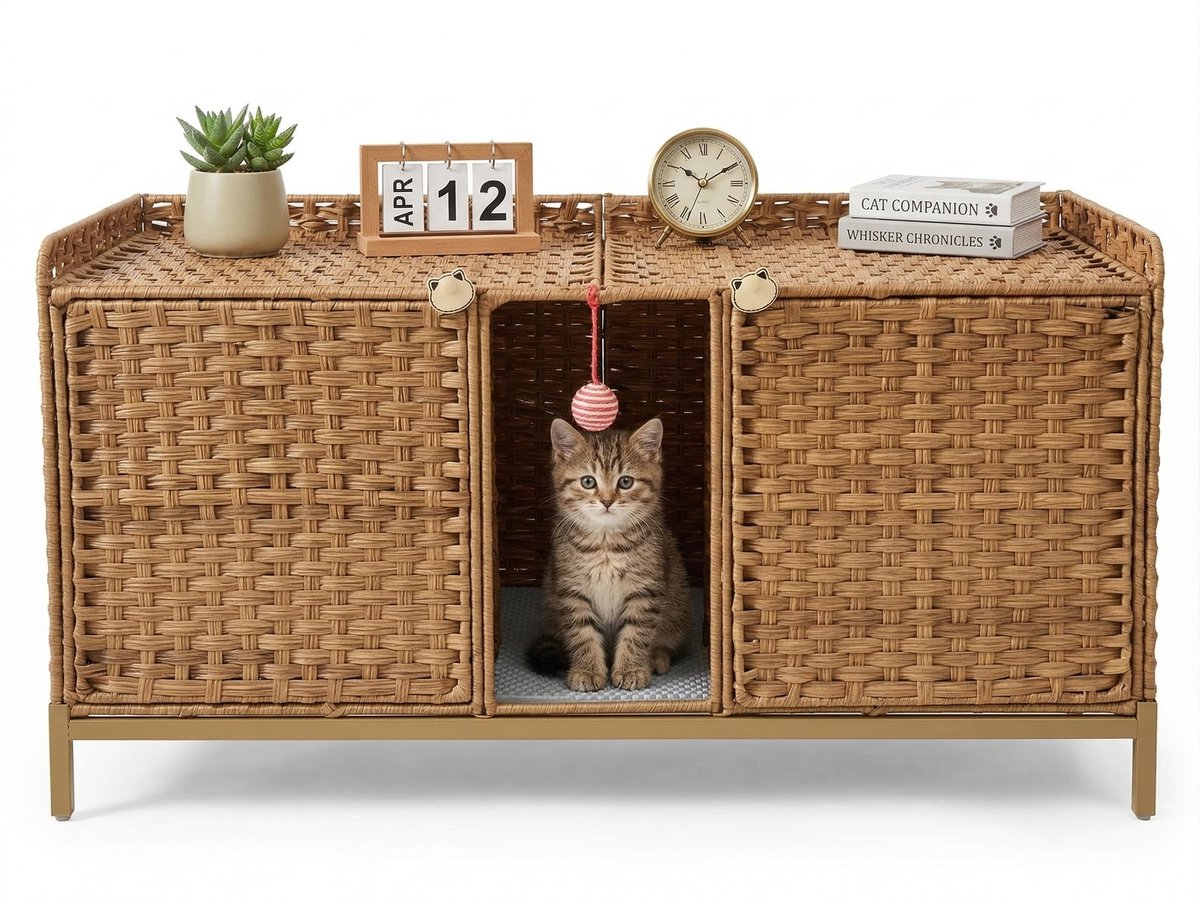 Triumpunpre Verborgen Rattan Kattenbakmeubel voor 2 Katten – Kattenbakomheining met Deuren, Ingangen aan Beide Zijden en 2 Ophanghaken – Dubbel Gebruik: Bijzettafel & Kattenhuisje – 120 x 50 x 61 cm – Naturel