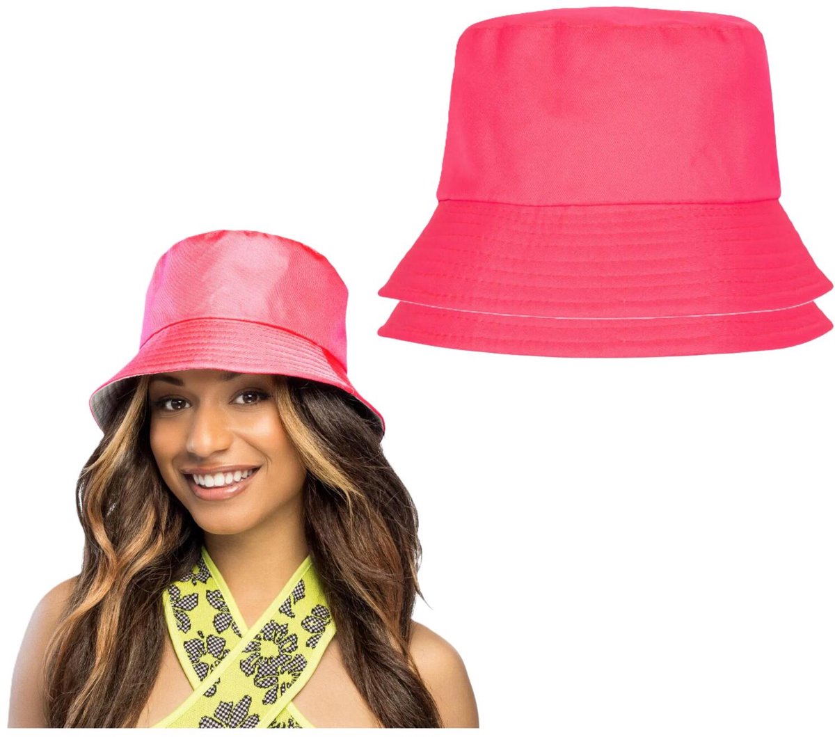 Boland Vissershoedjes zonnehoedjes - 2x - Neon roze print - foute party - volwassenen - carnaval - bucket hat