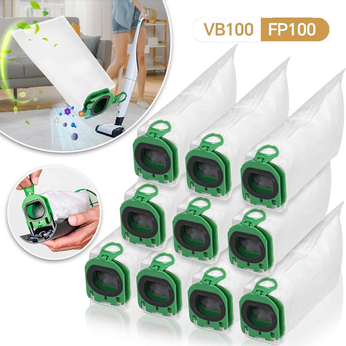 Vervangende Stofzakken (10 Stuks) Voor Vorwerk Kobold FP100/VB100 - Hoogwaardige Microvezel Scharnierende Sluiting Superieure Filtratie - Wit