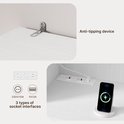 Detail van anti-tip apparaat en stopcontacten: 2x 230V/10A, 2x 5V/2A USB.