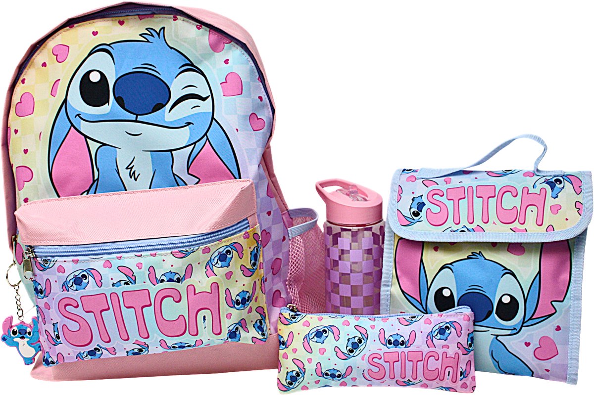 Disney Stitch Rugzak Set - Schoolrugzak met Lunchtas, Drinkfles en Etui - 40 x 30 x 10 cm - Roze