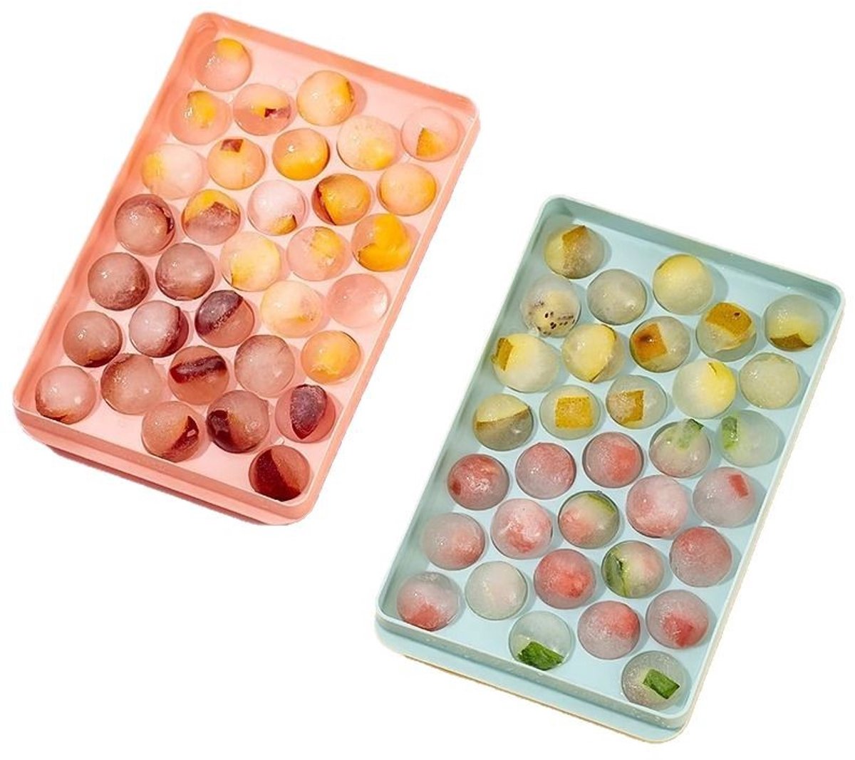 Twee kleine ronde ijsbolvormen/ijsblokjesvormen, geschikt om ijsblokjes van te maken en in te vriezen, perfect voor cocktails, whisky, thee en koffie,Blauw + Roze