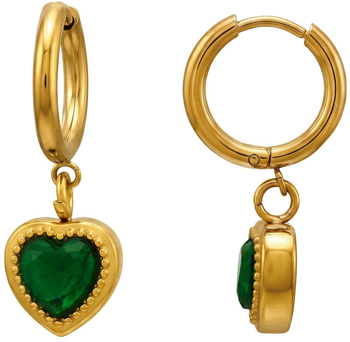 Joy Ibiza -hartjes oorbellen - hartje bedel oorringen - zirkonia emerald groen - 12 mm met klap scharnier sluiting - chirurgisch staal - ear party boho - bohemian style - ip/pvd goldplated t34
