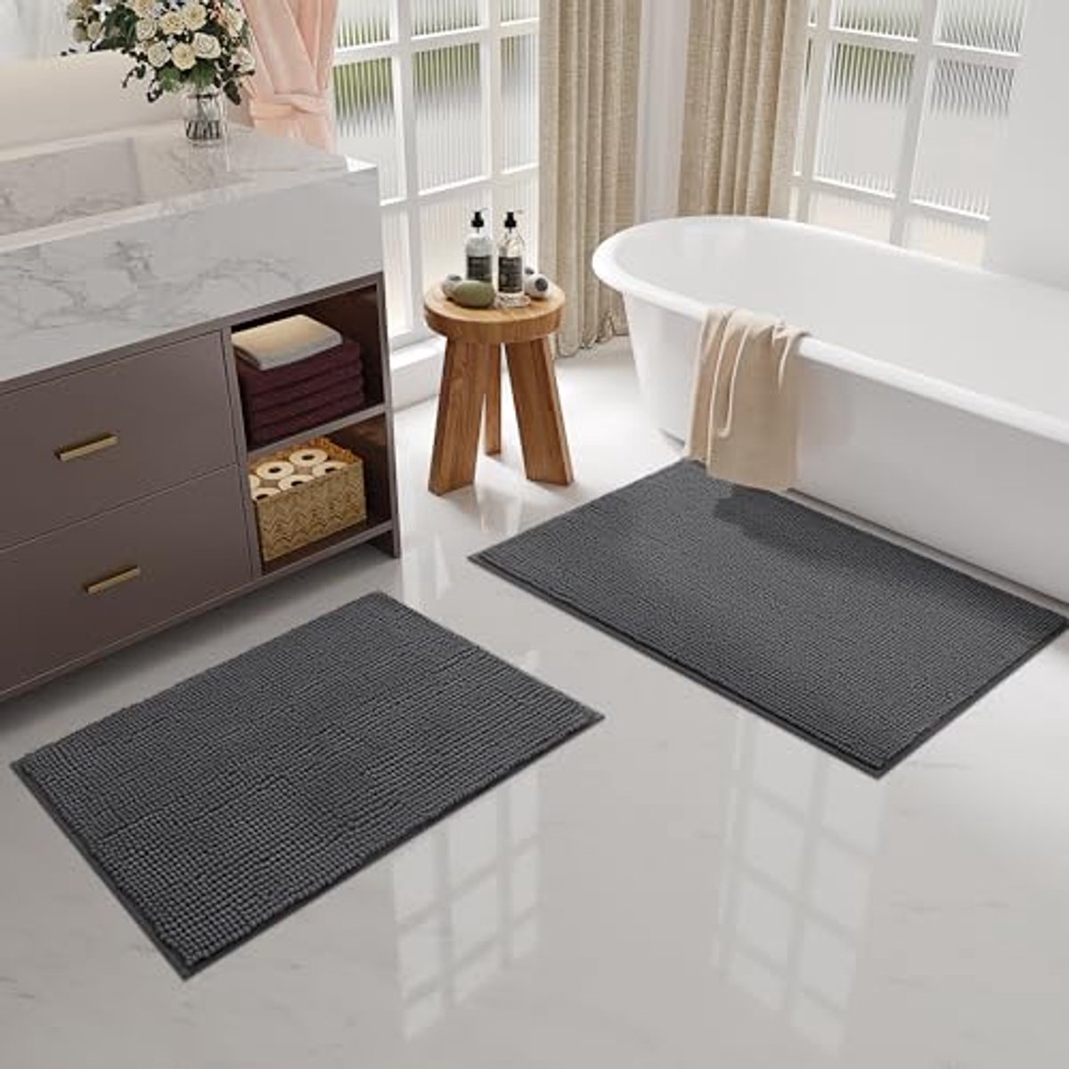Olanly Badmat Antislip – Set Van 2 – Chenille Douchemat – Badmat Badkamer – Vloermat – Donkergrijs – 40x60cm+40x60cm