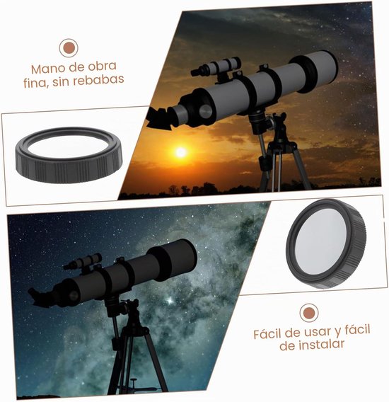 Collage met een telescoop bij zonsondergang en 's nachts, met close-ups van een filter en de telescoop.