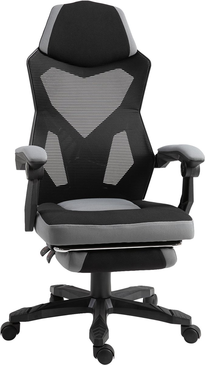 "Bureaustoel, gamingstoel, in hoogte verstelbaar, rugleuning met zwenkwielen, voetsteun, netstof, 58 x 63 x 112-122 h cm, grijs/zwart | Gamingstoel, in hoogte verstelbaar, rugleuning, zwenkwielen, netstof "