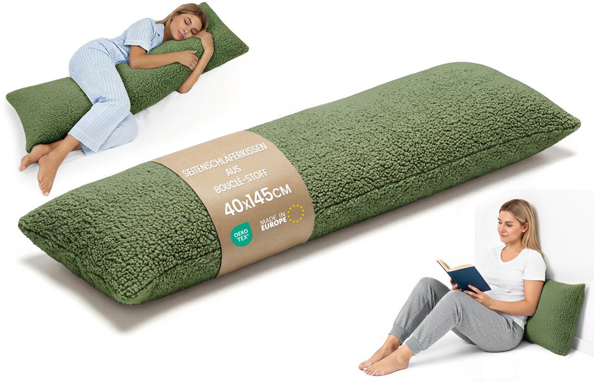 Zijslaapkussen 40x145 cm afneembare hoes – ergonomisch lichaamskussen body pillow voor zijslapers Bouclé zacht ademend vormvast – OEKO-TEX gecertificeerd Olijfgroen