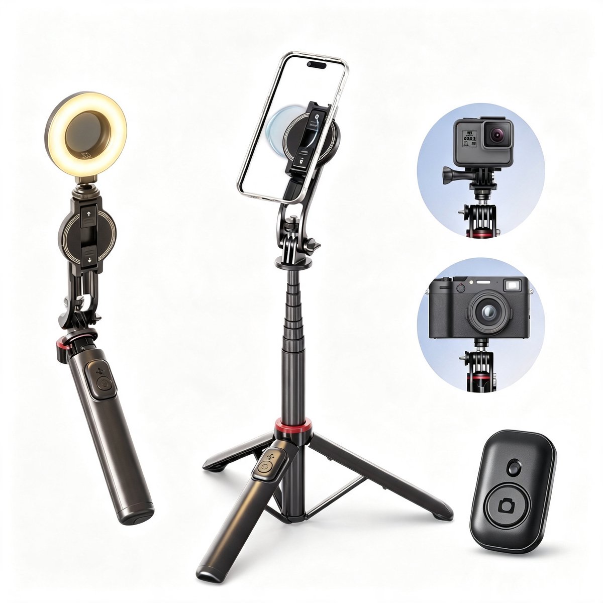 Fokelyi Selfie Stick Tripod-Magnetisch Selfiestick-Fill Light-130 cm-Selfiestick Universeel-360° Panorama-Aluminium-Telefoonhouder- Ideaal voor Selfie & Live Streaming