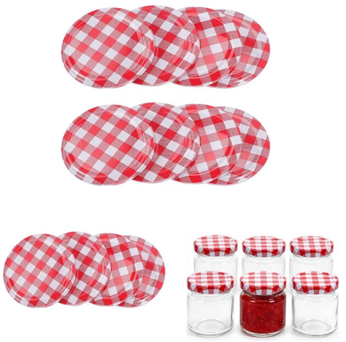 KZQ 40 Jampotdeksels - Standaard opening van 8,5 cm - Lekvrije vervangingsdeksels - Geschikt voor het inmaken en bewaren van jam, koffie, thee, koekjes, fruit en andere voedingsmiddelen - Rood stoffen patroon
