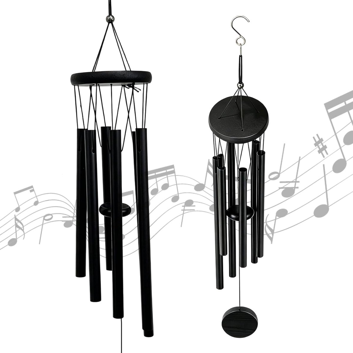 Windgong metaal, 6 buizen, 1,6 m, tuin en balkon, zwart | 6 aluminium buizen, harmonieus geluid, roestvrij, weerbestendig, elegant design, met S-haak, voor tuin, balkon en terras
