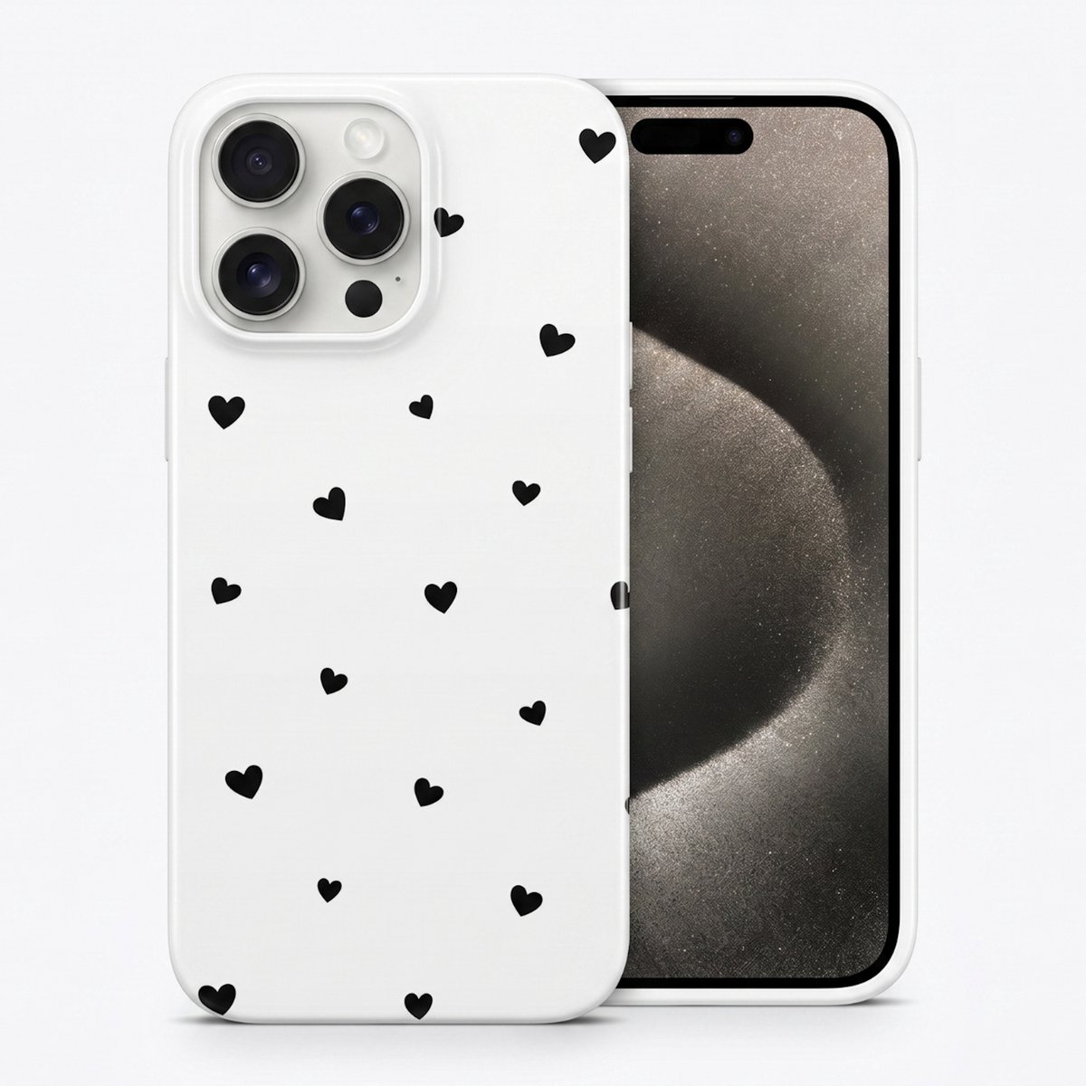 Hoesje geschikt voor iPhone 15 Pro – Mini Hartjes – Exclusief Design – Polycarbonaat – Wit en Zwart
