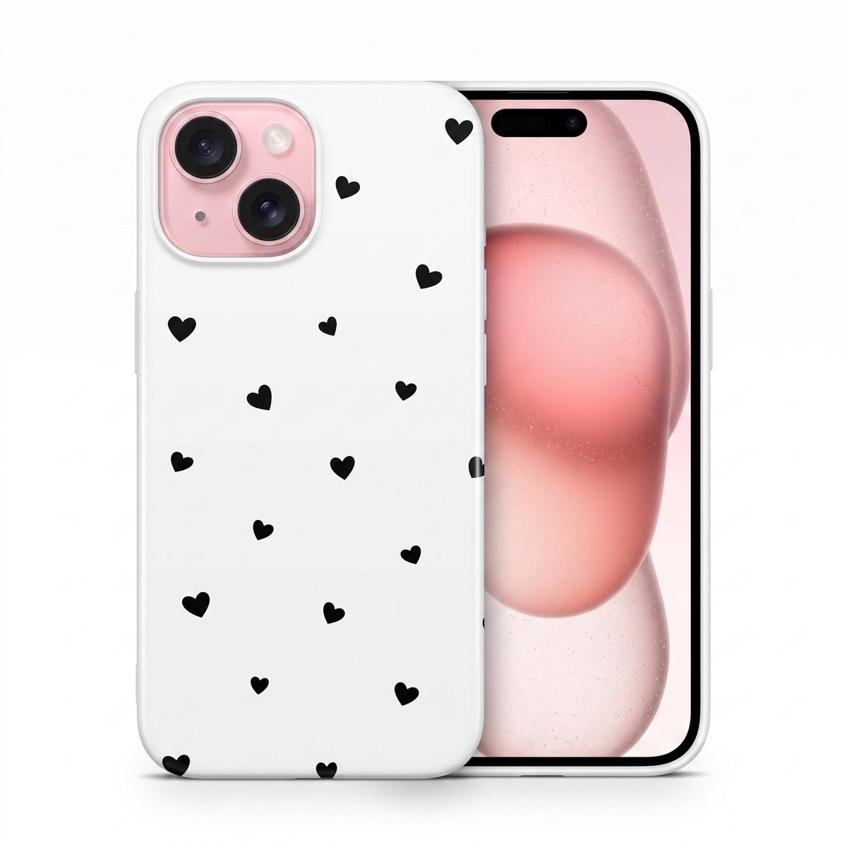 Hoesje geschikt voor iPhone 15 – Mini Hartjes – Exclusief Design – Polycarbonaat – Wit en Zwart