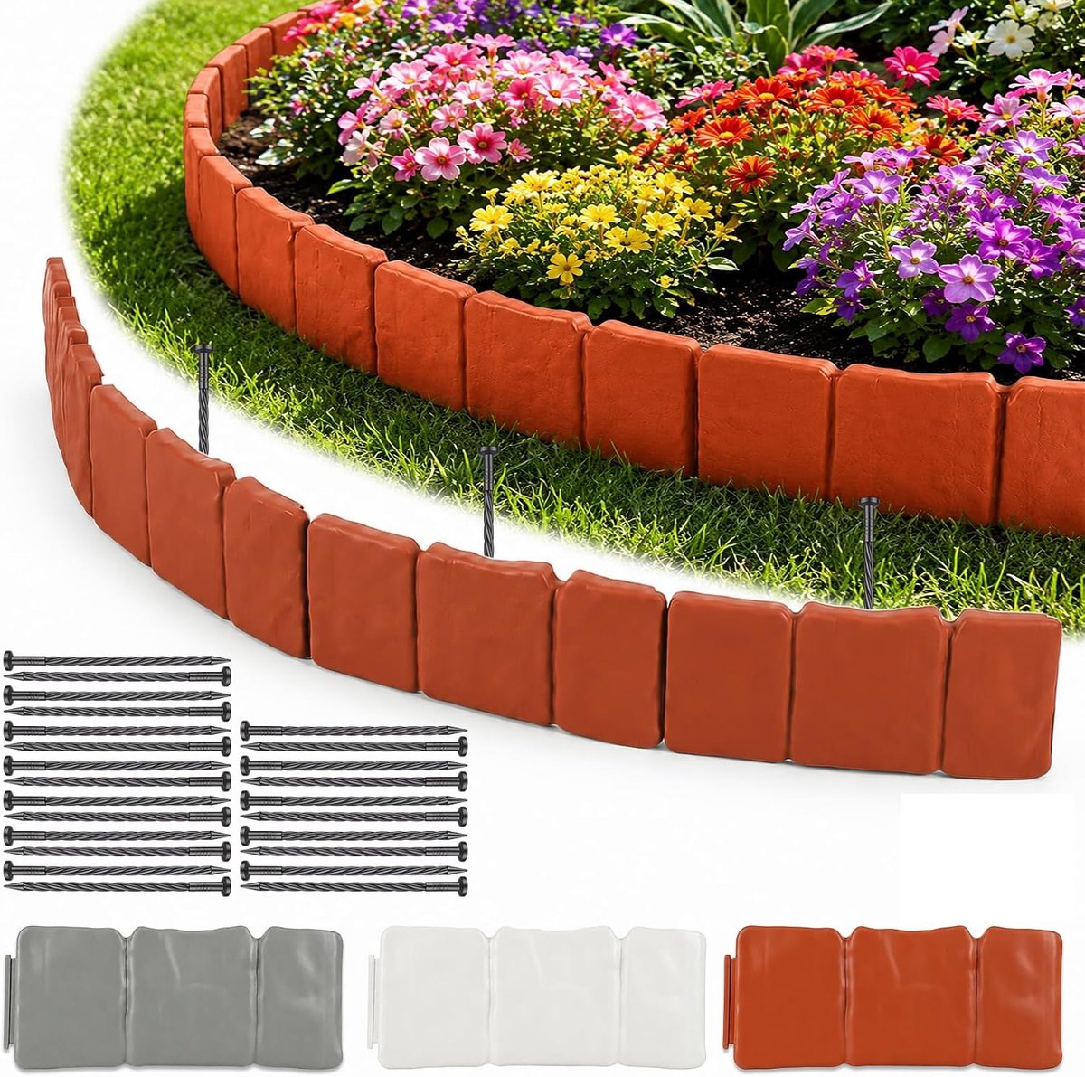kunststof steenlook, 5 meter bloembed omranding, bloembed omranding, maairand, tuinhek, flexibele gazonranden, weerbestendig en uv-bestendig (rood-bruin)