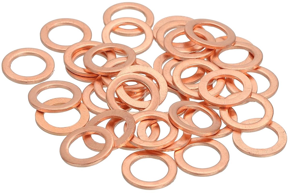 Platte sluitringen, 58-delige set, koperen ringen, afdichtringen, koperen schijven, 8 mm ID, 12 mm OD, 1 mm dikte voor bouten, schroeven, reparatie van machines