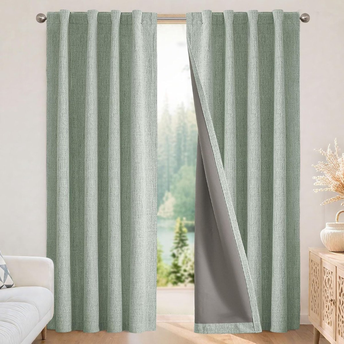 100% verduisterende gordijnen voor slaapkamer - natuurlijke linnen gordijnen 132 cm B x 228,6 cm L lang, thermisch geïsoleerde 2 panelen lichtblokkerende gordijnen, roedezak en ruglipjes
