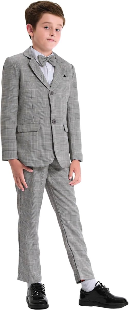 mintgreen 6-delige Jongenspakken Set, Blazer & Broek & Gilet & Overhemd & Stropdas met Pochet, 7-12 Jaar