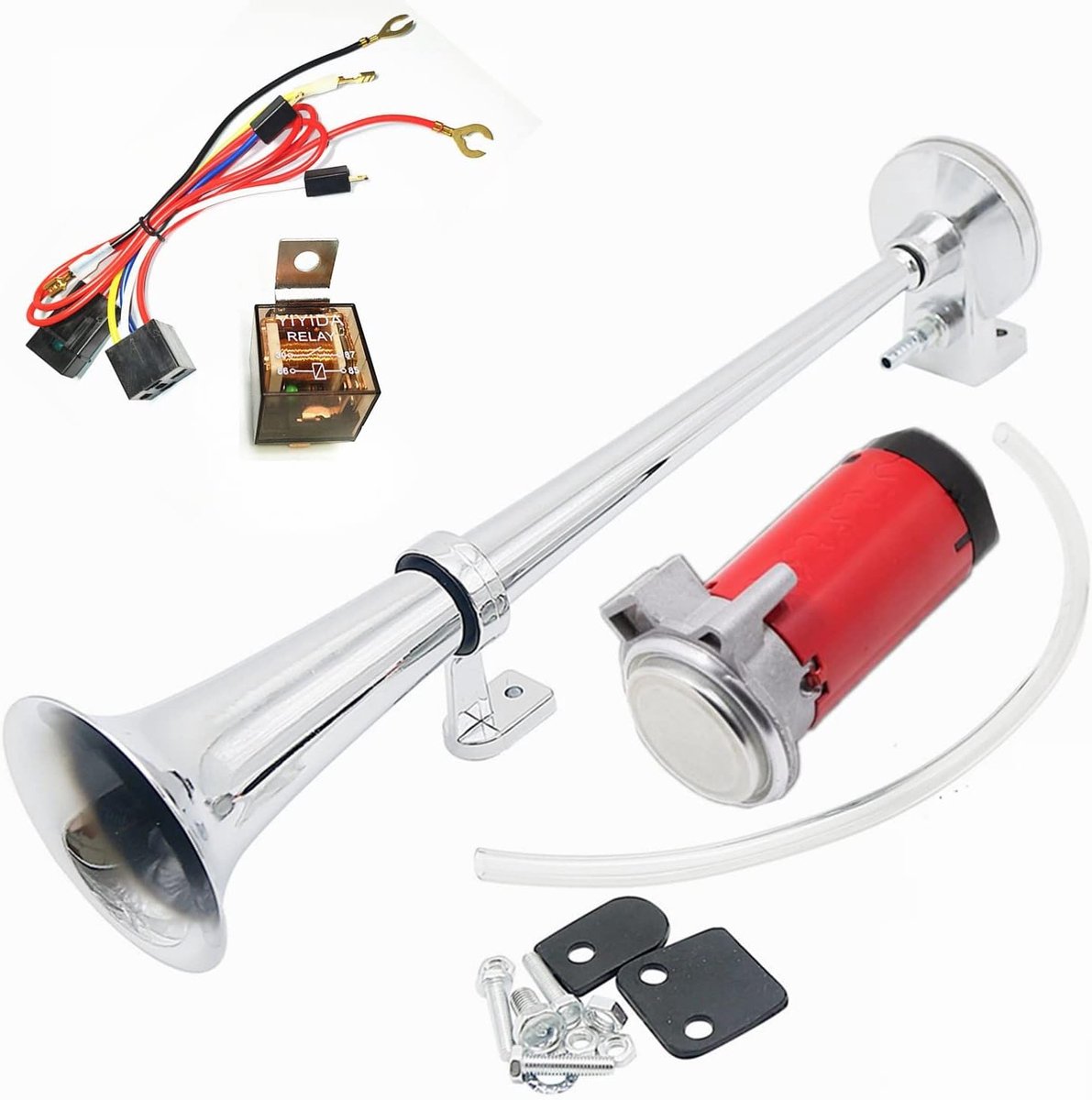 luchthoorn 12V 45cm luchtpomp autoluidspreker zilver verchroomd zink enkele hoorn luide hoorn met rode compressor geschikt voor alle 12V voertuigen vrachtwagens treinen boten etc