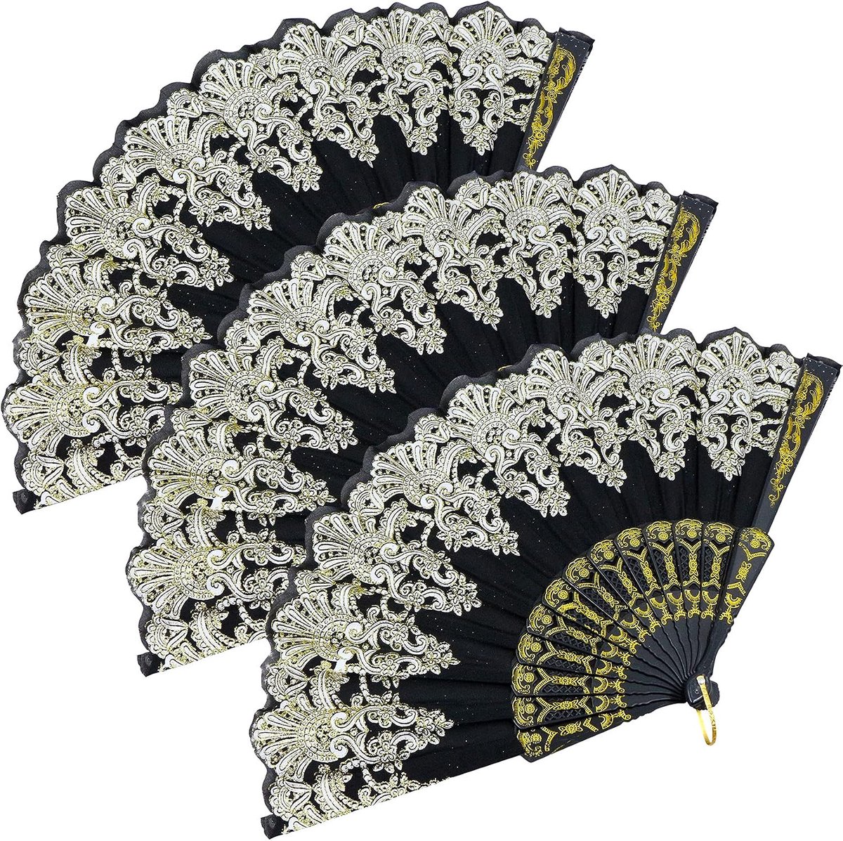 3er Set handwaaiers zwart bruiloftwaaiers met kant, Spaanse opvouwbare waaiers, wanddecoratiewaaiers, stoffen waaiers van kunststof en stof, opvouwbare waaiers voor Halloween, carnaval, feestcadeau