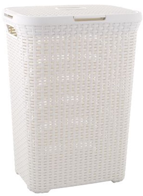 Witte wasmand van Curver met deksel, gevlochten patroon en handgrepen.