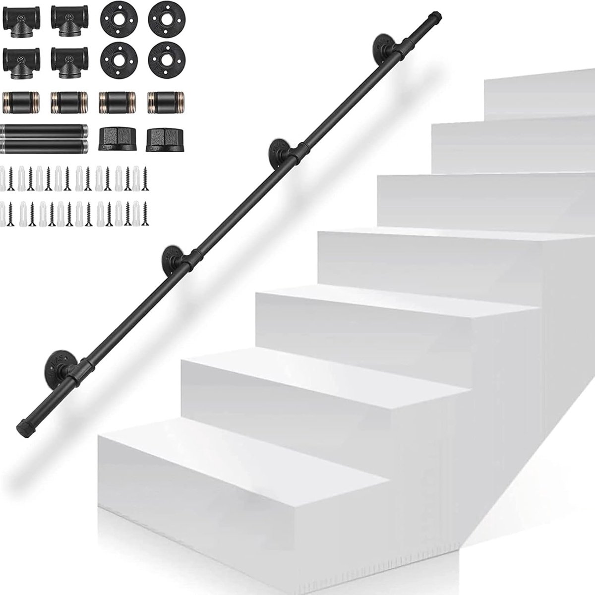 Trappen Metalen Reling Indoor Outdoor Wandreling Antislip Industrieel Gegalvaniseerde Stalen Pijp Wandmontage Trap Exterieur Metalen Smeedijzeren Pijp Ontwerp, 300cm