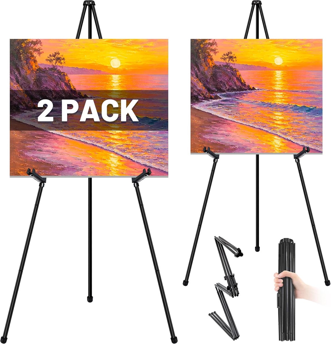 Standaard Statief, 2 Stuks Opvouwbare Draagbare Metalen Vloer Zwarte Schildersezels voor Display, Verstelbare Opvouwbare Kunstenaar Schildersezels, Kunst Canvas Schildersezel