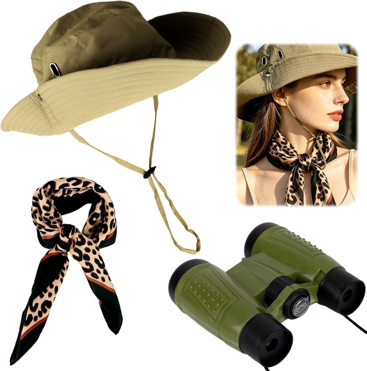 3st Vrouwen Wild Ontdekkingsreiziger Kostuum Outfit Accessoires | Bevat Wild Hoed, Luipaardprint Sjaal & Groene Verrekijker voor Vrouwen Buiten Avontuur Halloween Rave Feest Kleding Set