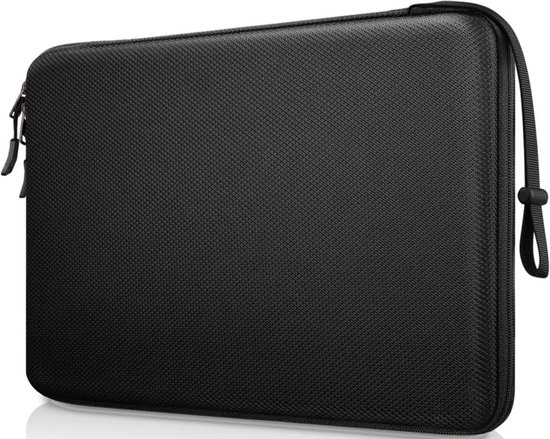 Zwarte, getextureerde laptophoes met ritssluiting en draagband, geïsoleerd.