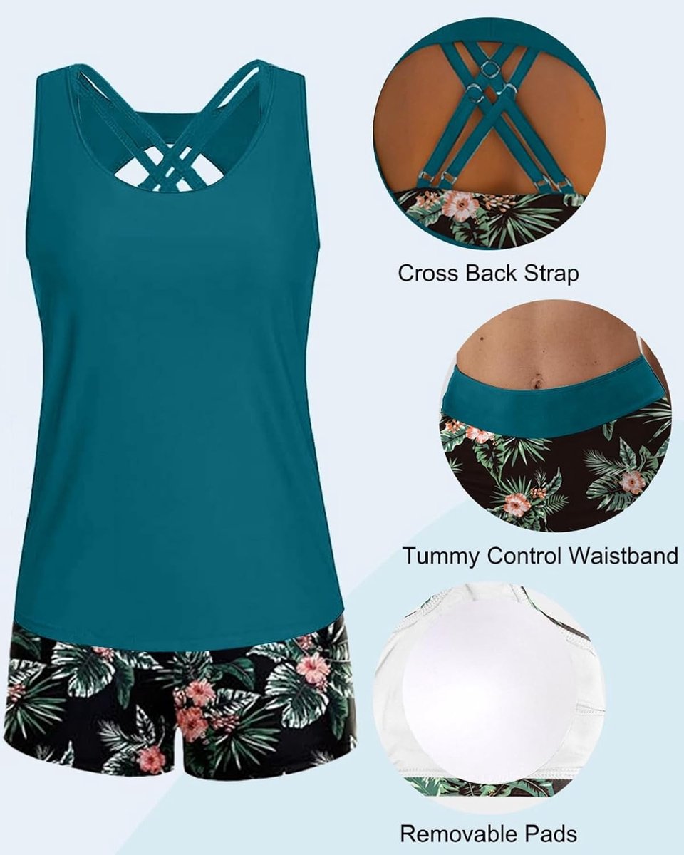 3-delige tankini voor dames, buikweg, push-up, bikinitop en zwemshort, hoge taille, curvy, badmode, set, sport, badpak, tankini's, sets, elegante tankini, hoge taille, buikweg, badmode, grote