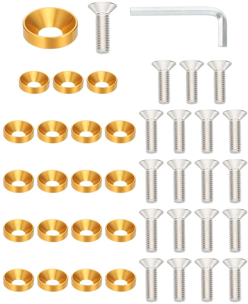 M6 Finish Verzinkschijvenset, 20 stuks aluminiumlegering, platte kopschroeven, bouten, afdichting voor mechanische accessoires, doe-het-zelf modellen, goudkleurig