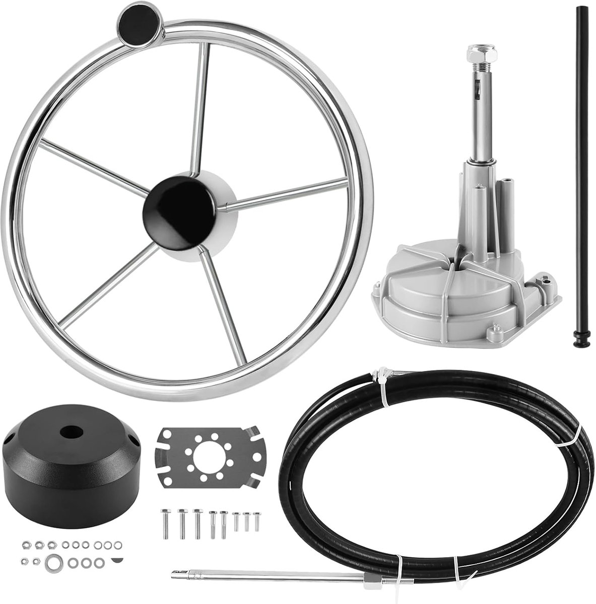 Stuursysteem, mechanische draaibesturingskit voor buitenboordmotoren, met stuurwiel en lange scheepskabel, voor vissersboten, jachten en andere vaartuigen (487,7 cm)