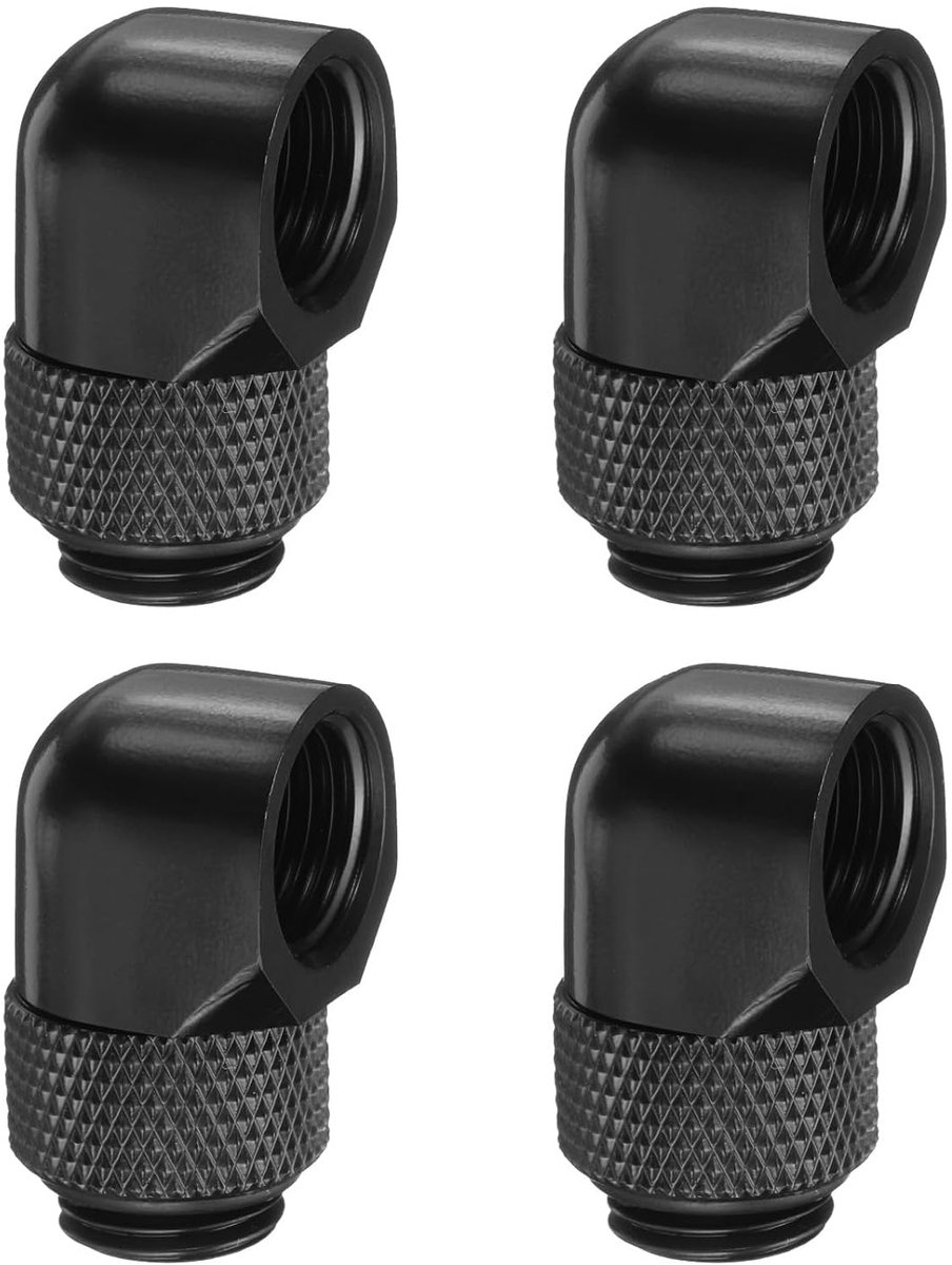 4 stuks 90 graden hoek waterkoelingsadapter G1/4" schroefdraad mannelijk naar vrouwelijk compressieaansluitfitting koperen verlenging voor computer-pc-waterkoelsysteem, zwart