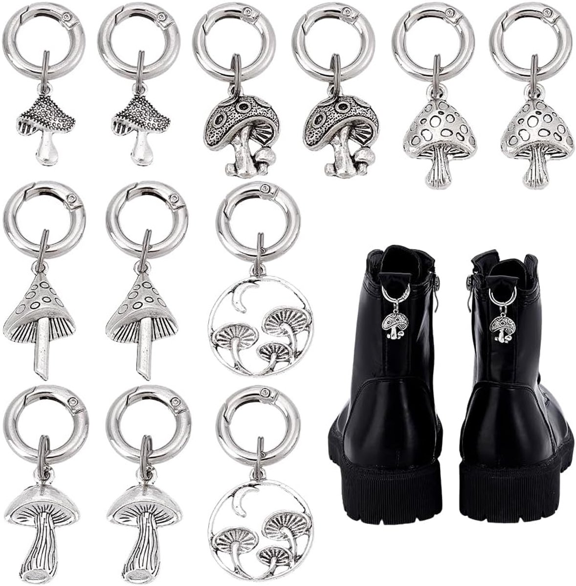 12 stuks 6 stijlen paddenstoel schoenhanger legering platina laars hanger DIY laarzen accessoires fee gothic schoendecor met veerringen voor schoenen gymschoenen tassen sleutelhanger