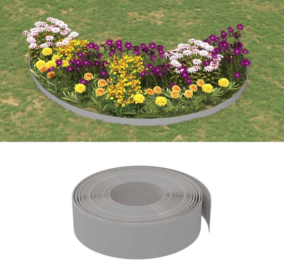 grijs, 10 m lang × 15 cm hoog, flexibele gazonbegrenzing van robuust PE-materiaal (2 mm dik), ideaal voor tuinbedden, alleen en landschapsbegrenzingen