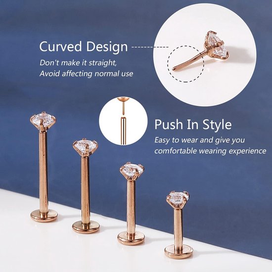 16G Pushin Lip Rings, roestvrij staal Medusa Piercing Sieraden, 2mm 3mm 4mm CZ Forward Helix Earring, Labret Monroe Piercing Sieraden voor Vrouwen Mannen — afbeelding 2