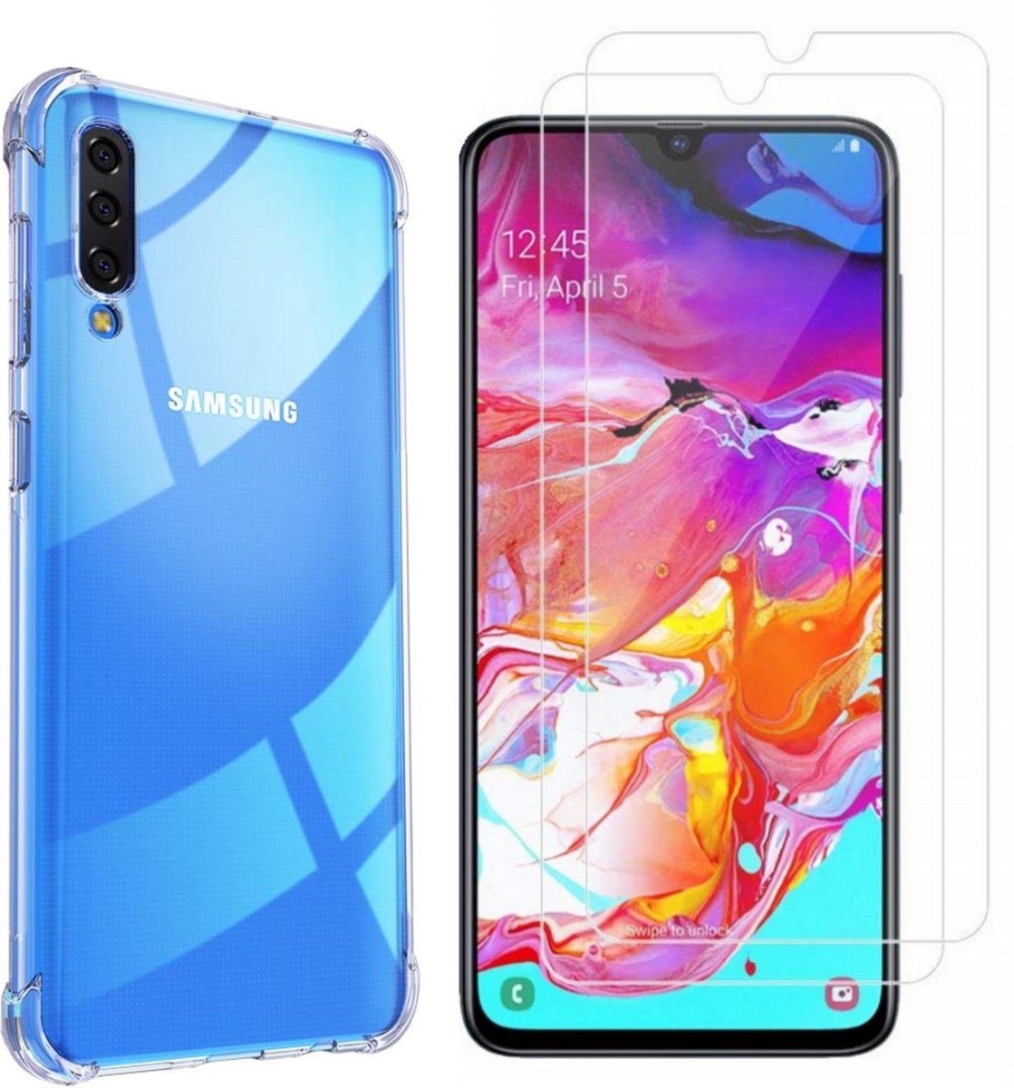 Hoesje geschikt voor Samsung Galaxy A70 backcover Shockproof siliconen Transparant en 2 stuks Screenprotector Gehard Glas