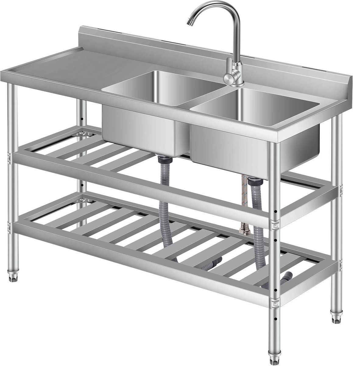Danky - RVS Keuken Spoelbak - Twee Werktafelspoelbak Met 360° Draaibare Kraan - 120x46x81cm