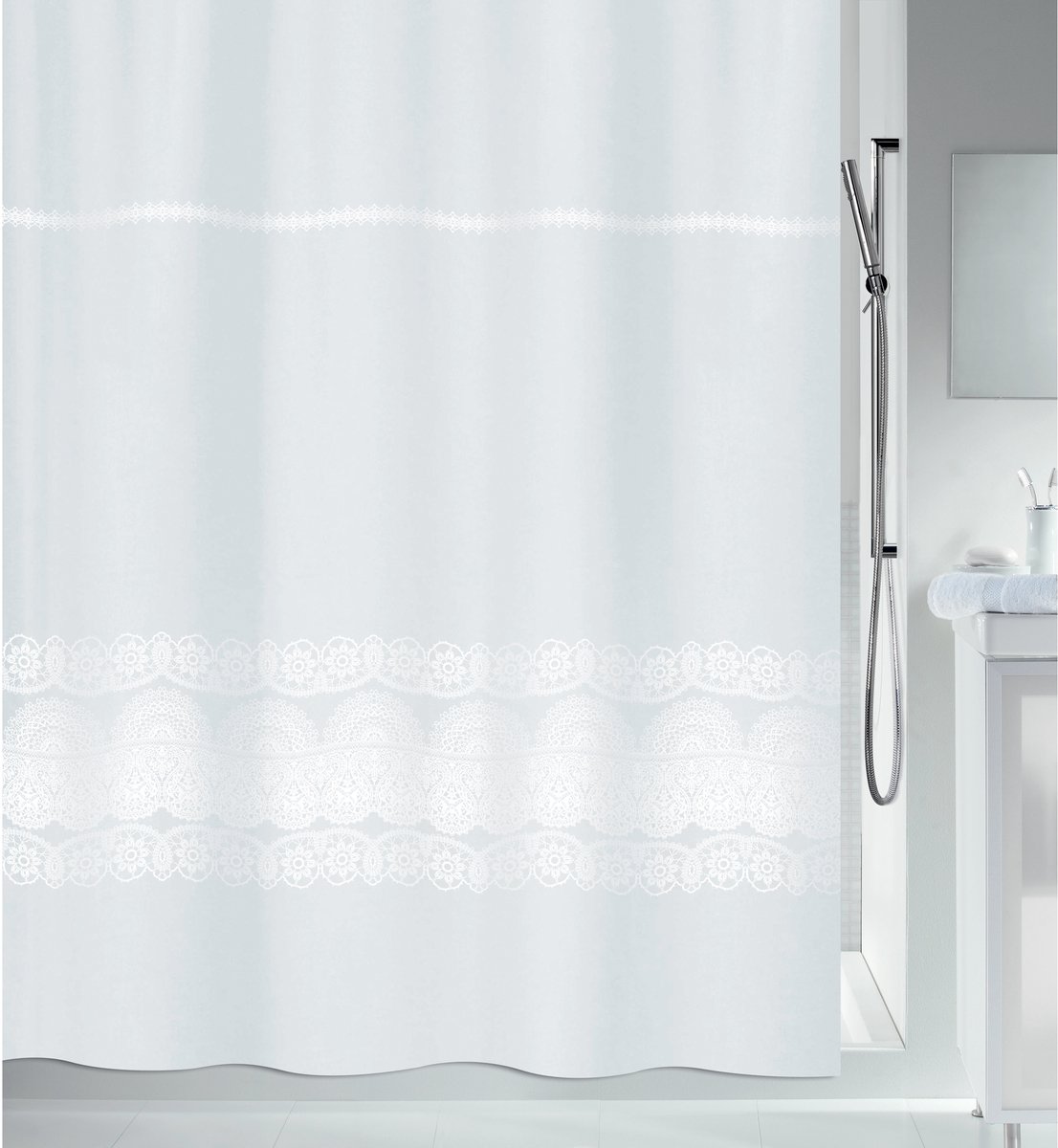Spirella Broderie Douchegordijn Wit - Badkamergordijn met Borduurpatroon - Polyester Douchegordijn 180x180 cm