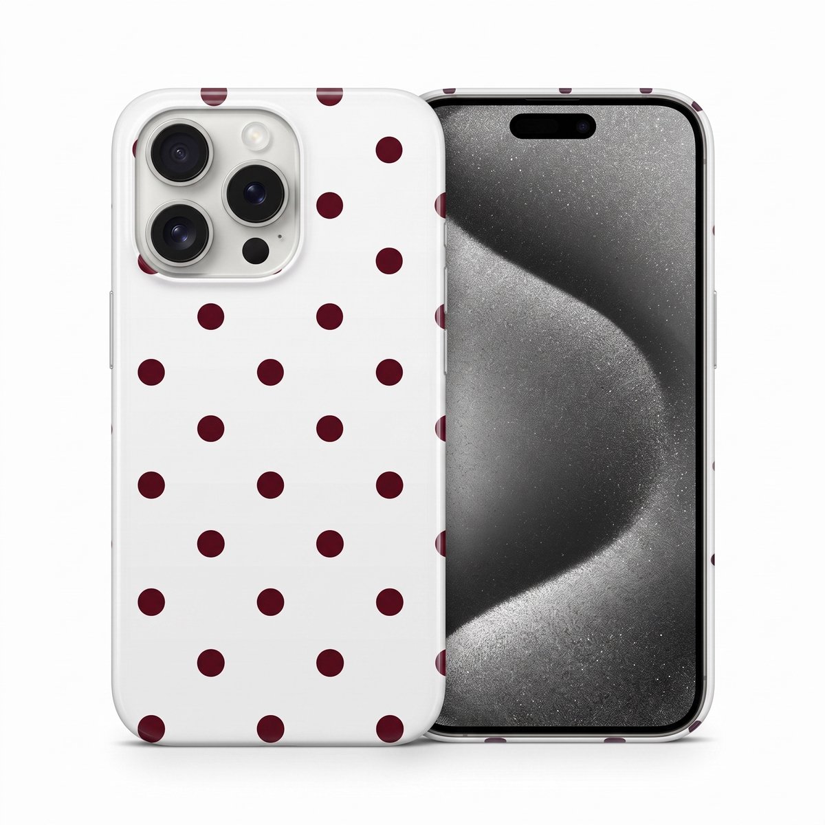 Hoesje geschikt voor iPhone 15 Pro Max – Polka Dots – Exclusief Design – Polycarbonaat – Wit en Bordeaux