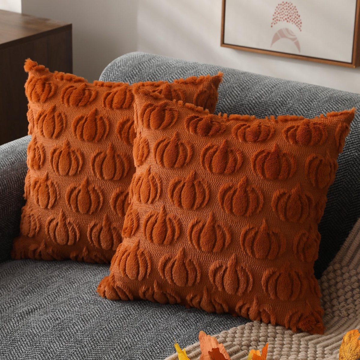 2 Caramelkleurige herfstkussenslopen met pompoenpatroon - 45x45cm - Opvouwbaar - Wasbaar - Perfect voor Halloween en herfstdecoratie - Geschikt voor veranda, bank, fauteuil, bed en woonkamer