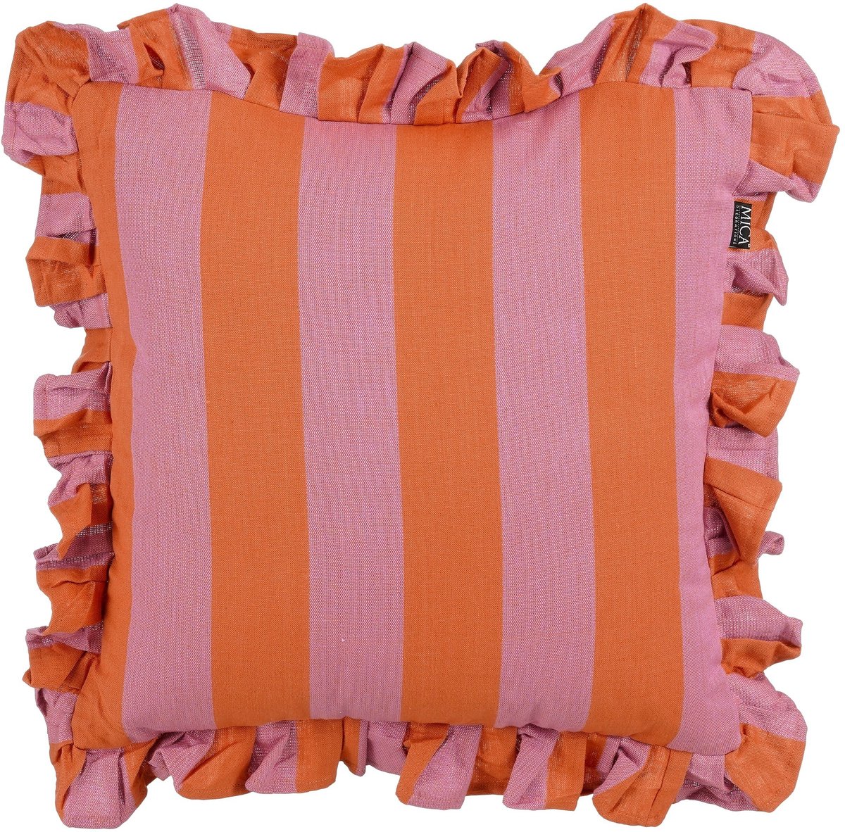Mica Decorations Sierkussen met Streeppatroon - Vierkant Kussen van Katoen met Speelse Ruches - Decoratief Accessoire voor Bank, Bed of Fauteuil - 45 x 45 x 10 cm - Lila, Oranje