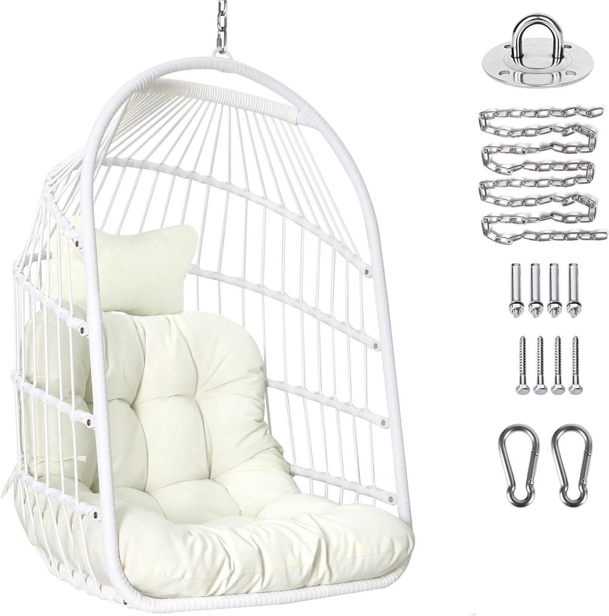 Opvouwbare Hangstoel - Eierstoel Wicker - Ontspannen Buiten - Inclusief Ophangset - 94x90 cm - Wit